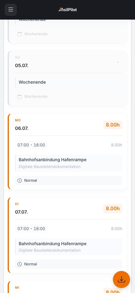 Mobile RailPilot Stundenübersicht mit acht Arbeitsstunden je Tag im Projekt Hafenrampe