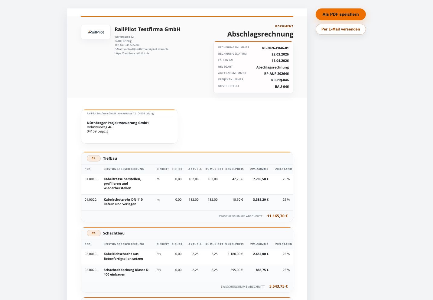 RailPilot-Rechnung der Testumgebung mit Tiefbau- und Schachtbaupositionen