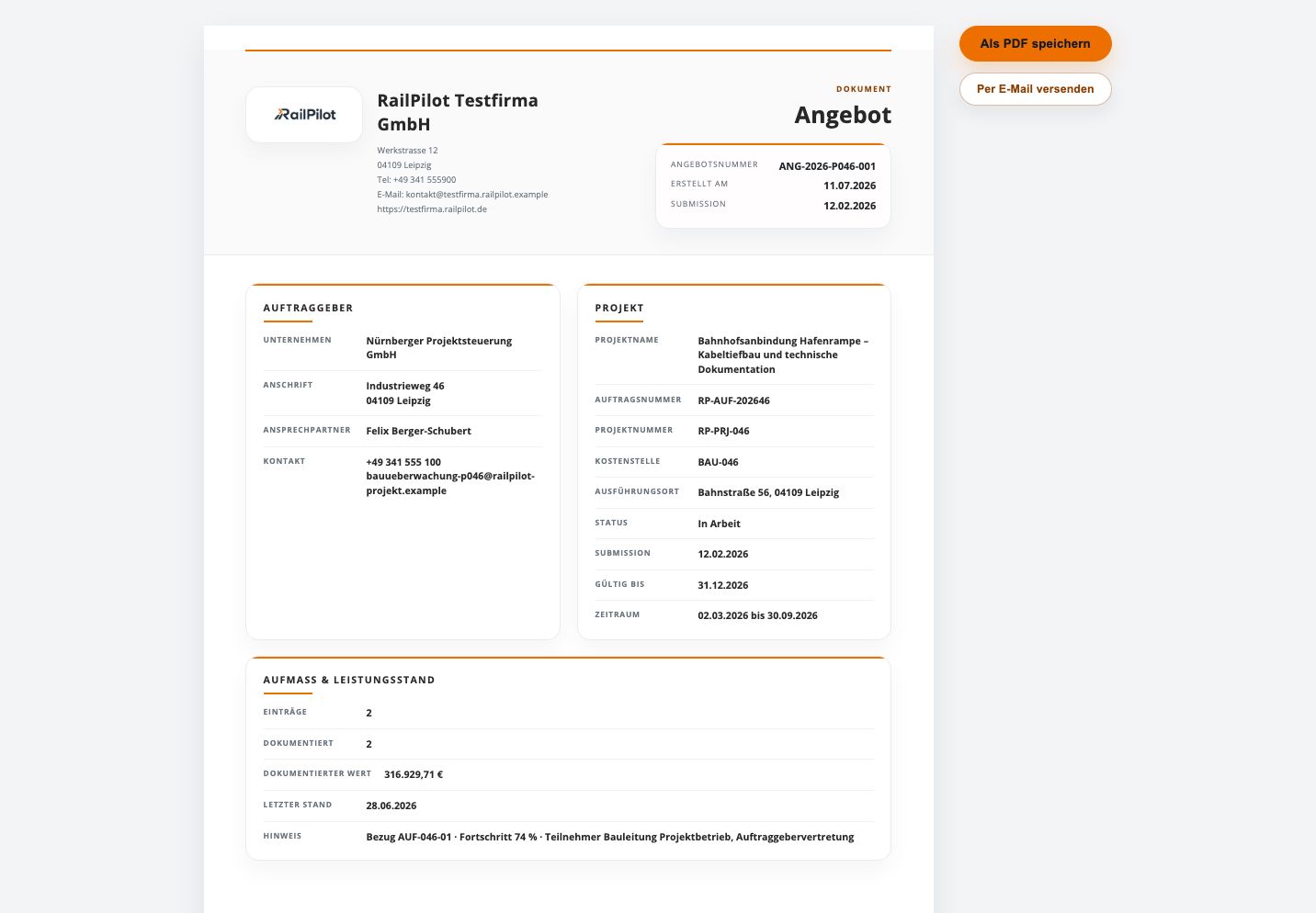 RailPilot-Angebot der Testumgebung mit elf Leistungspositionen