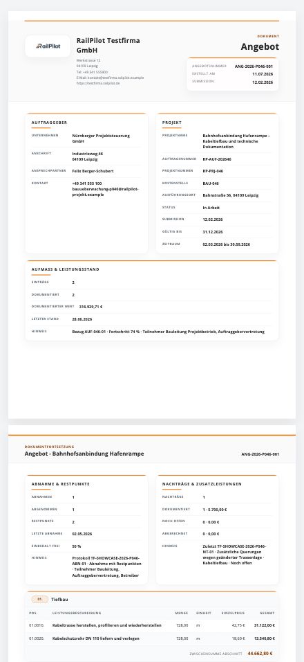 Mobile RailPilot-Angebotsvorschau mit Aufmaß, Leistungsstand und Positionen