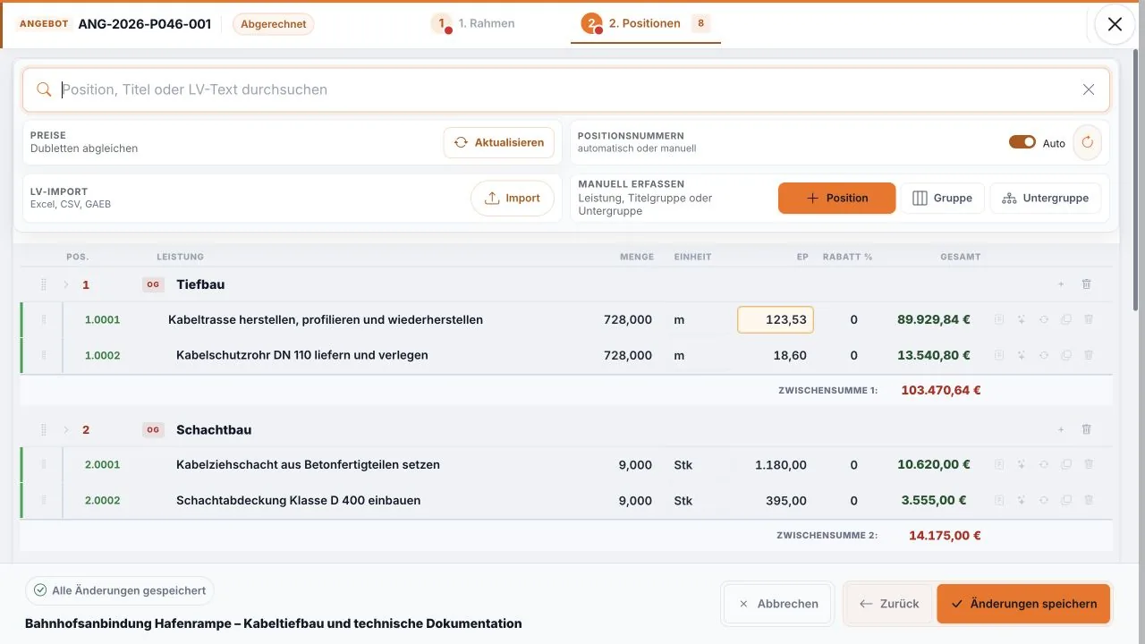 RailPilot-Testansicht mit geladenen Angebotspositionen und einem automatisch aus der Preisliste zugeordneten Einheitspreis