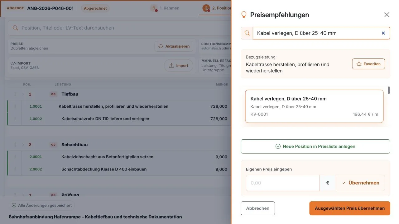 RailPilot-Testansicht mit Preisvorschlägen für eine ausgewählte Angebotsposition, Positionscode, Einheitspreis und Übernahmefunktion