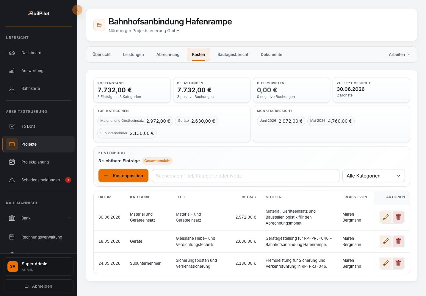 RailPilot-Projektkosten mit Kategorien, Buchungen und Monatsübersicht