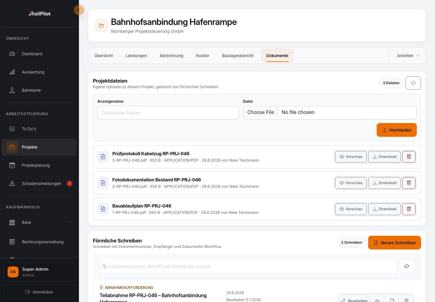 RailPilot-Dokumentenakte der Testfirma mit Prüfprotokoll und Fotodokumentation
