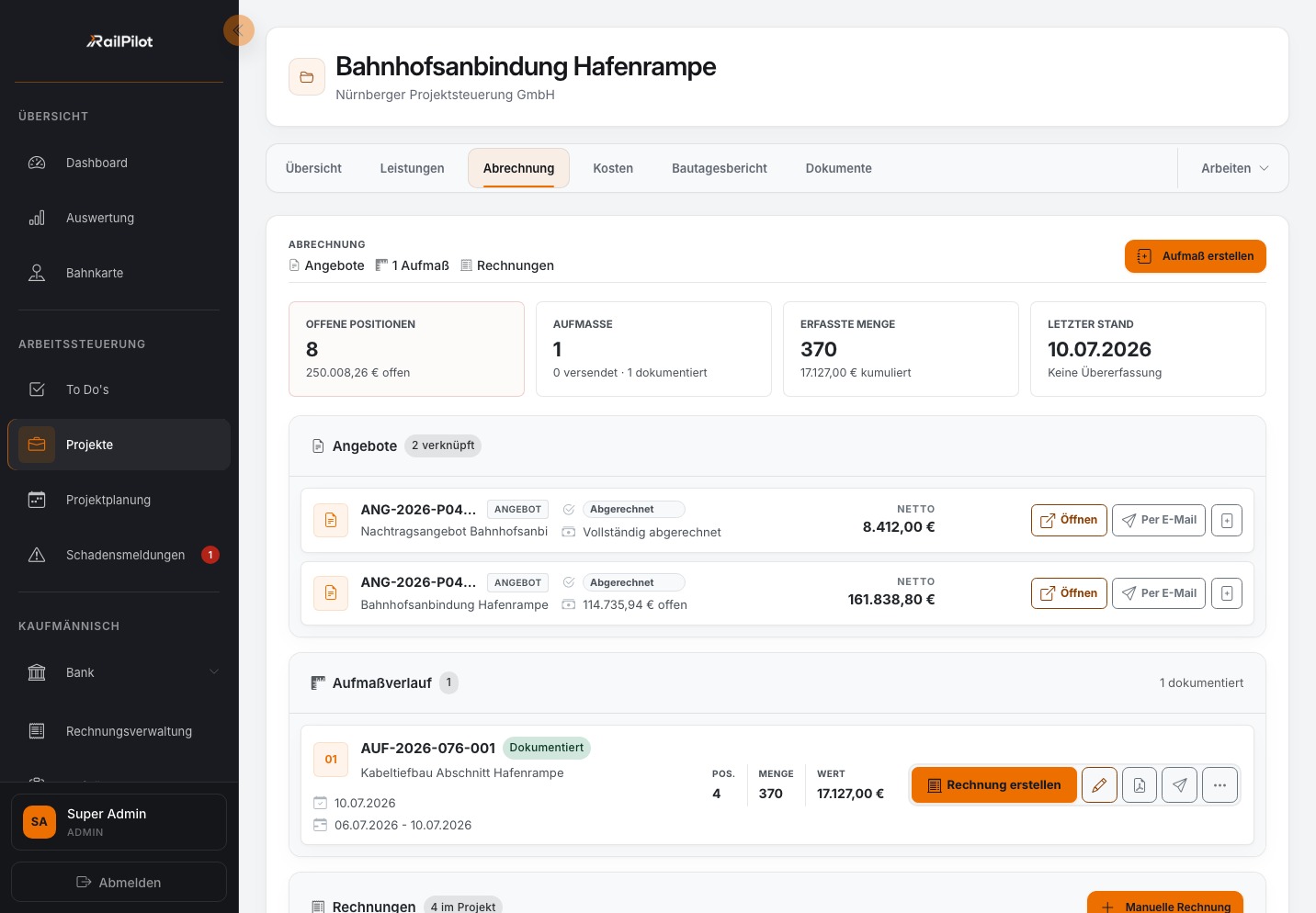 RailPilot-Projektabrechnung mit offenen Positionen, Angeboten und Aufmaßverlauf