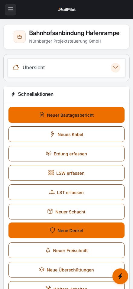 Mobile RailPilot Projektakte Bahnhofsanbindung Hafenrampe mit Schnellaktionen
