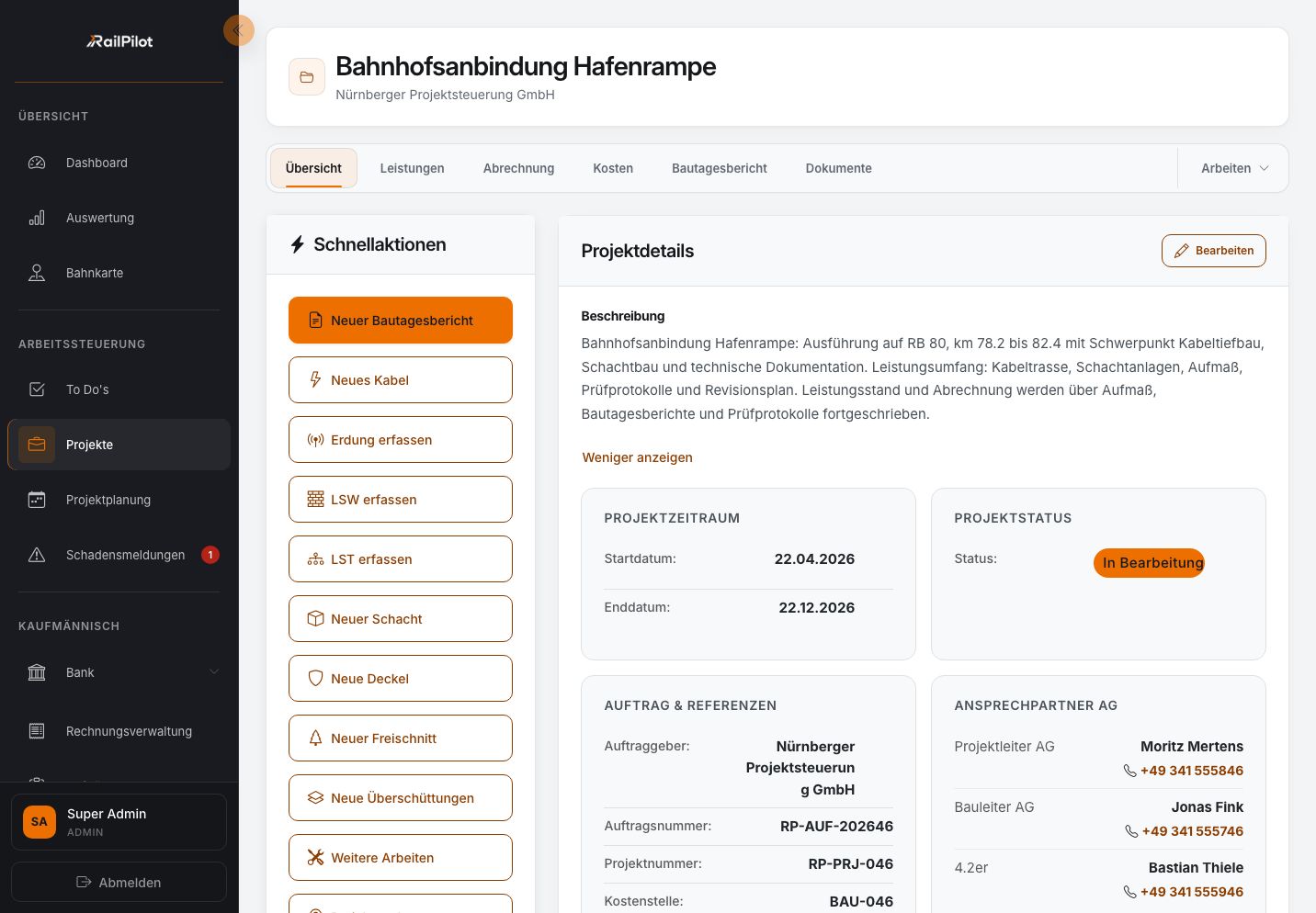 RailPilot-Projektakte Bahnhofsanbindung Hafenrampe mit Kosten und Projektstatus