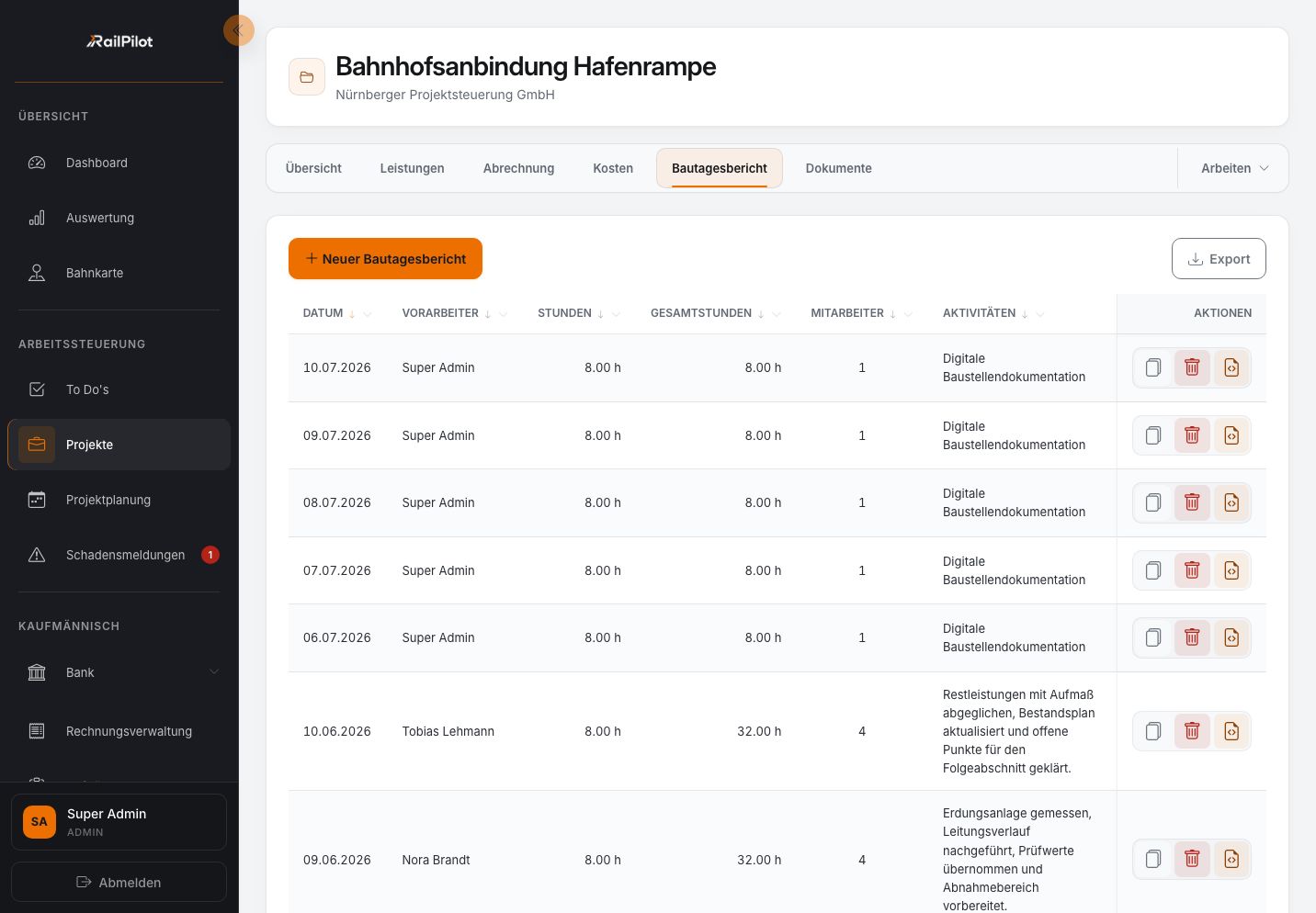 RailPilot-Bautagesberichte mit Arbeitsstunden und Tätigkeiten