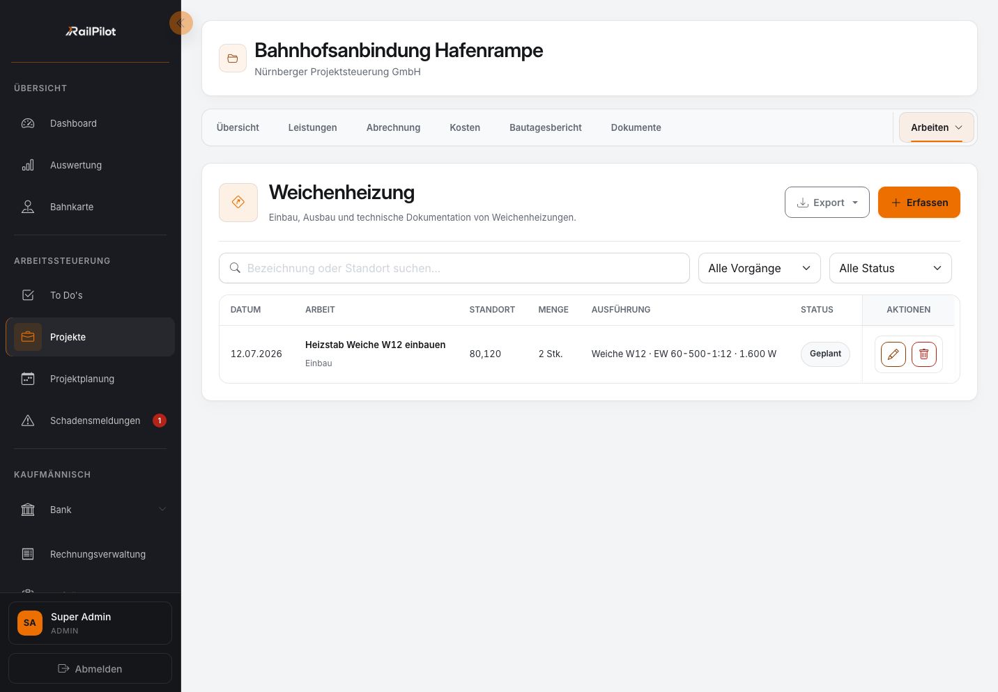 RailPilot-Register für eine Weichenheizung in der Testumgebung