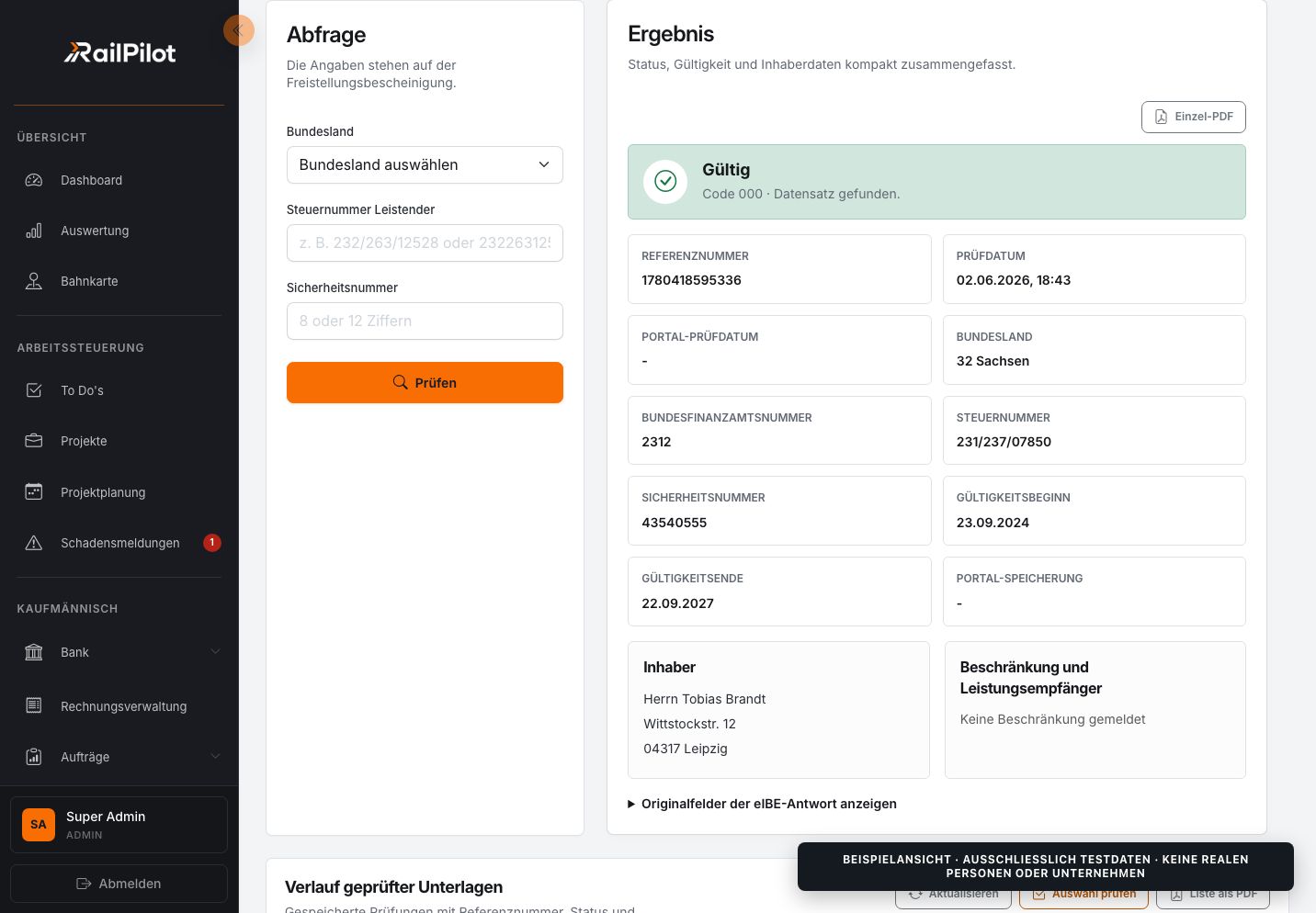 RailPilot-Testfirma: Ergebnis einer eIBE-Prüfung mit Gültigkeitsstatus, Referenznummer, Zeitraum und Inhaberdaten; ausschließlich synthetische Testdaten, keine realen Personen oder Unternehmen