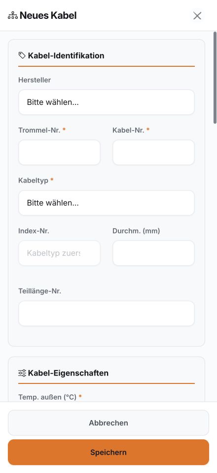 Mobile RailPilot Kabelerfassung mit Hersteller, Trommelnummer, Kabelnummer und Kabeltyp