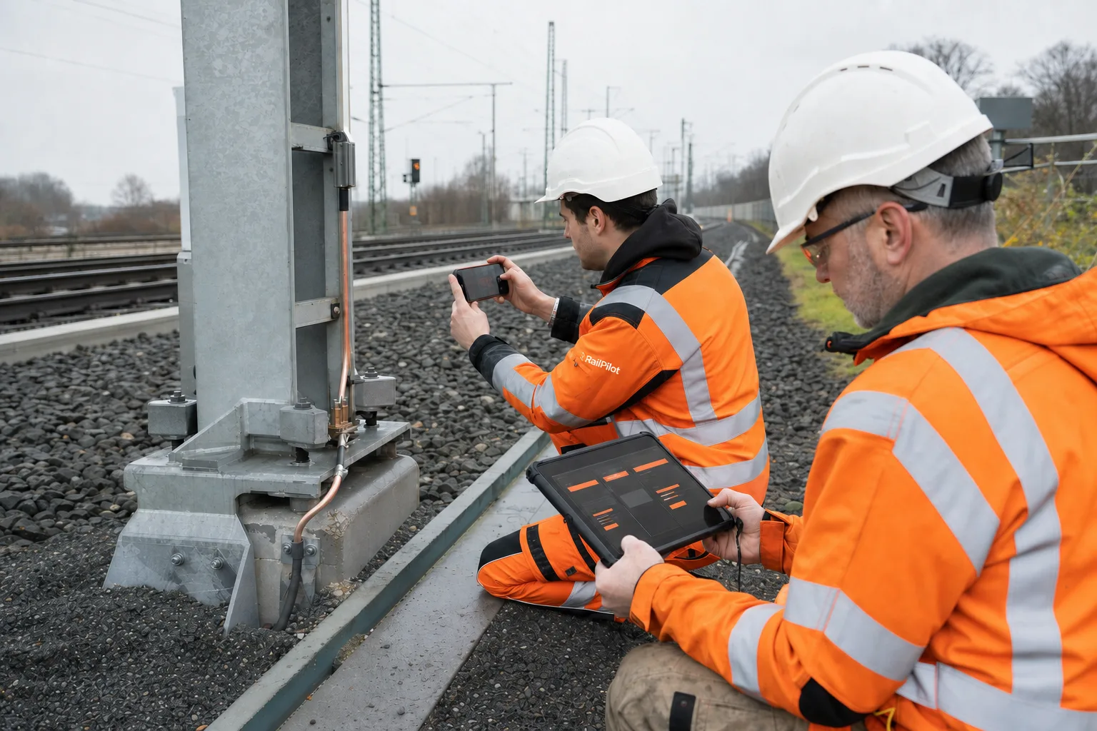 Zwei RailPilot-Mitarbeiter dokumentieren einen Erdungsanschluss mit Smartphone und Tablet