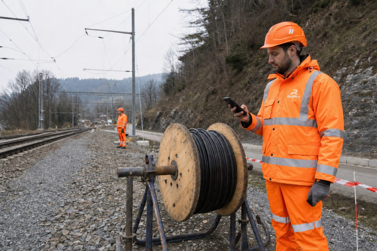 RailPilot-Mitarbeiter dokumentiert einen Kabelzug im gesicherten Gleisbau-Arbeitsbereich