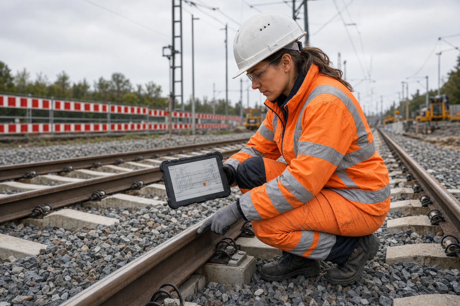 Bauüberwacherin vergleicht einen digitalen Planstand auf dem Tablet mit einem Gleisdetail