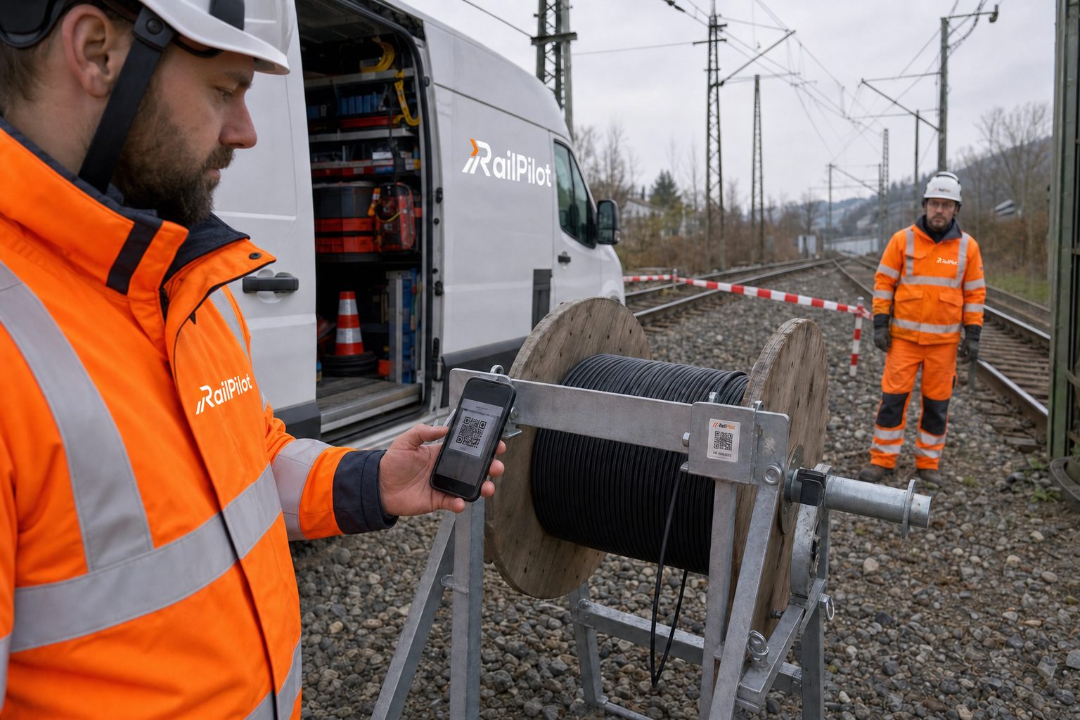 RailPilot-Mitarbeiter scannt einen QR-Code am Gestell einer Kabeltrommel