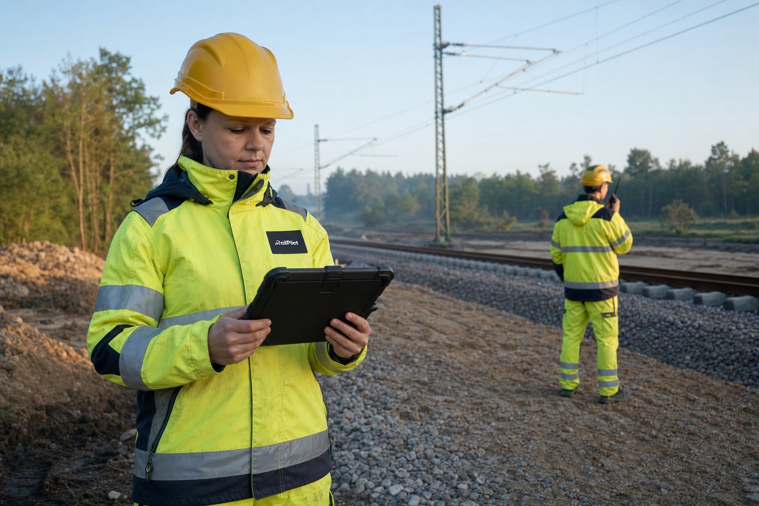 RailPilot-Sicherungsaufsichtskraft erstellt mit Tablet einen Tagesnachweis am Gleis, während ein Sicherungsposten im Hintergrund steht