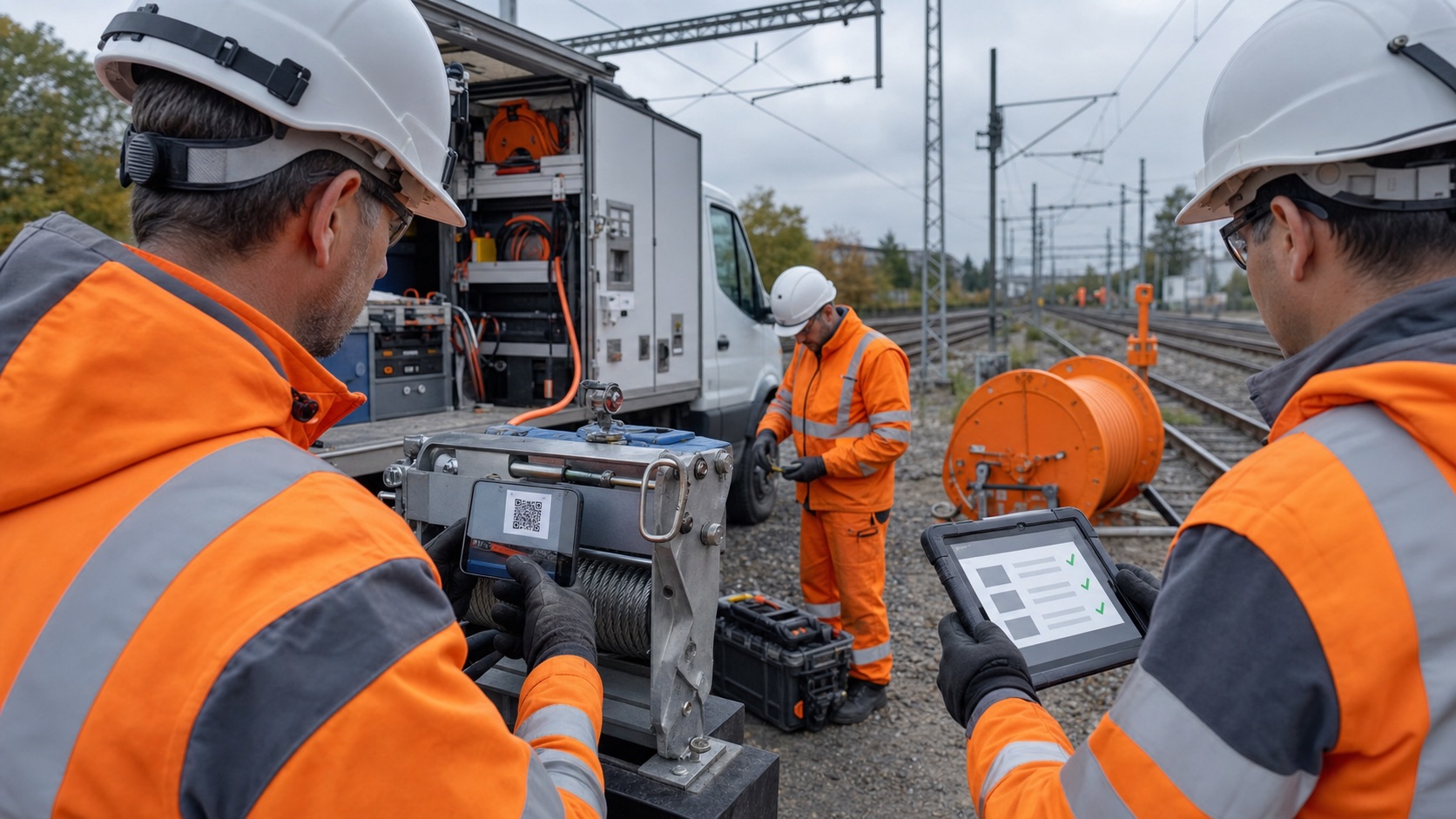 Gleisbau-Team prüft Fahrzeug, Gerät und Einsatzcheck vor einer Sperrpause