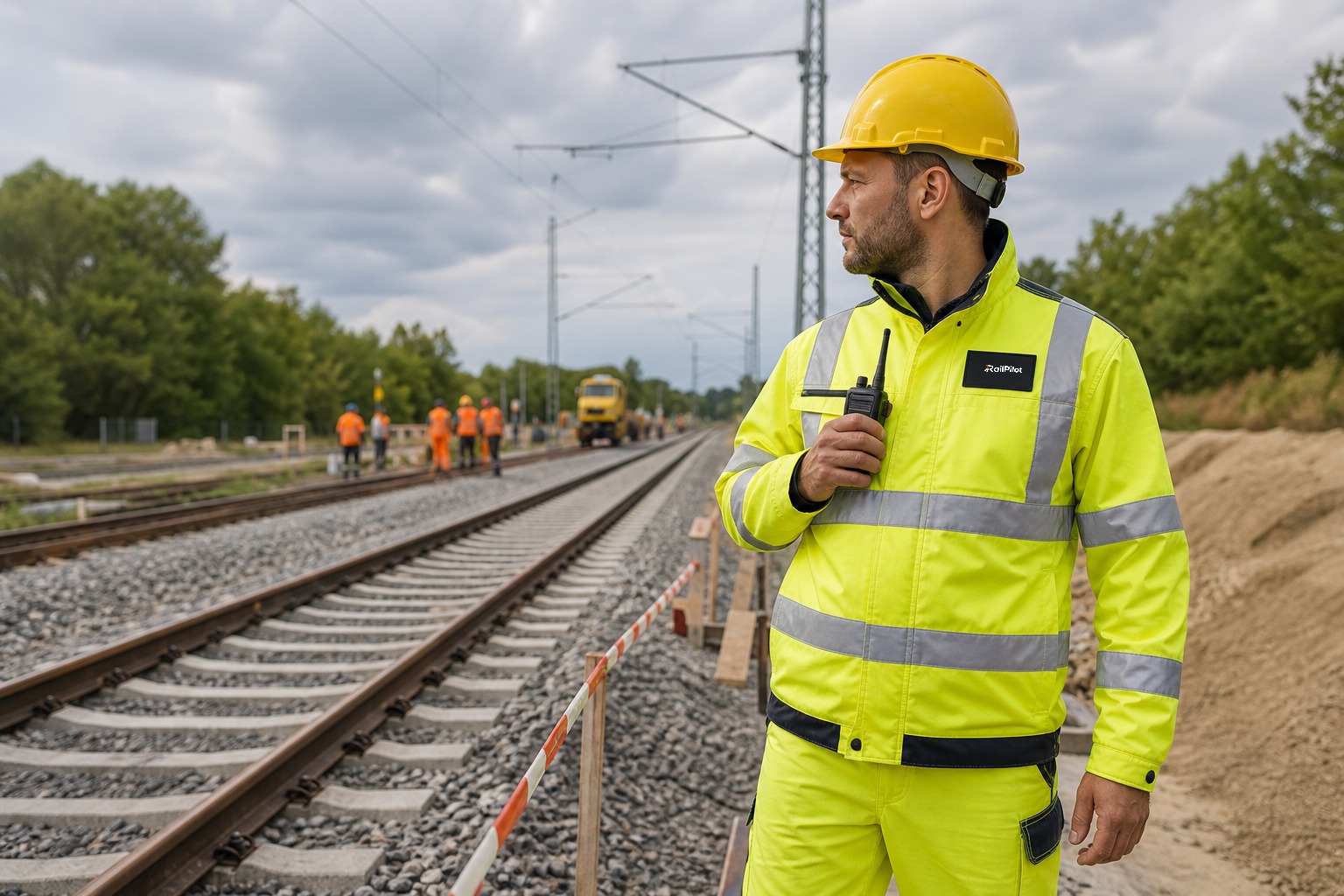 RailPilot-Sicherungsposten in gelber Warnschutzkleidung beobachtet einen gesicherten Gleisbau-Arbeitsbereich